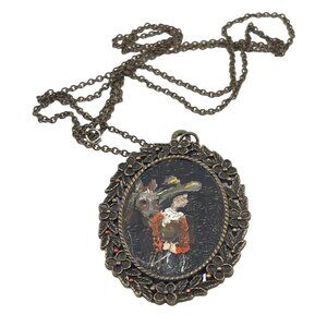 Vintage Floral & Portrait Cameo Two Sided Necklace With Long Chain Antique Style